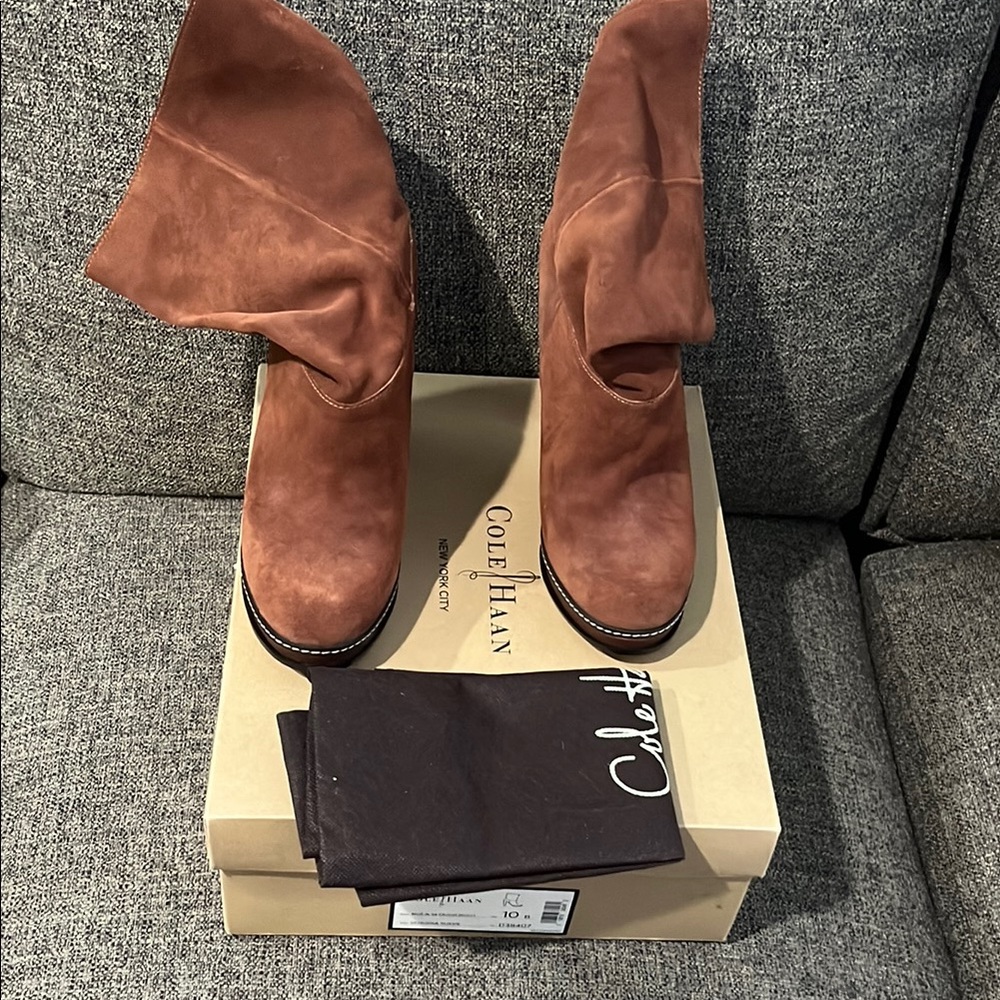 New WB Cole Haan Nola Slouch Brown Sequoia Suede Boots - Picture 2 of 15